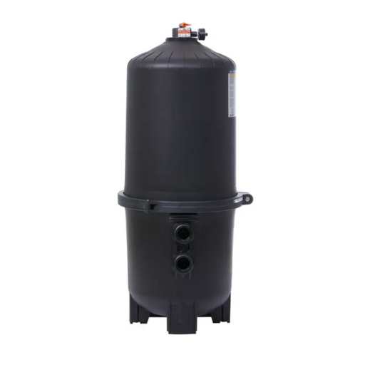 The Hayward W3DE6020 ProGrid Vertical Grid D.E. Pool Filter 60 Sq Ft is a high-tech black cylindrical filter featuring two connection ports and a pressure gauge on top, ensuring superior water clarity.