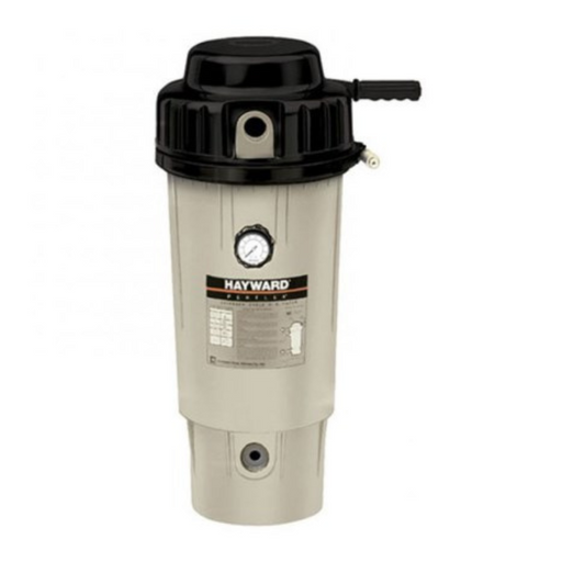 A Hayward W3EC50AC Perflex 25 Sq. Ft. D.E. Pool Filter with a beige body, black top, and pressure gauge, designed for swimming pool filtration using Extended-Cycle D.E. filters.
