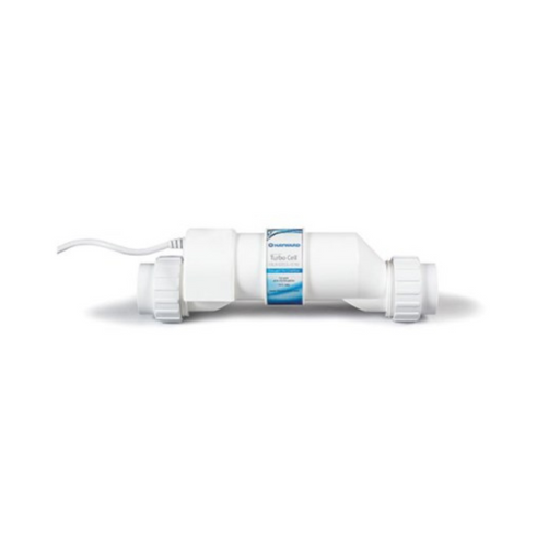 The Hayward W3GLX-CELL-5 AquaTrol Salt Cell, designed for above ground pools up to 20,000 gallons, features a white cylindrical body with a blue label and connection points on both ends. It includes a 15 ft. cord and is perfectly suited for AquaTrol systems.