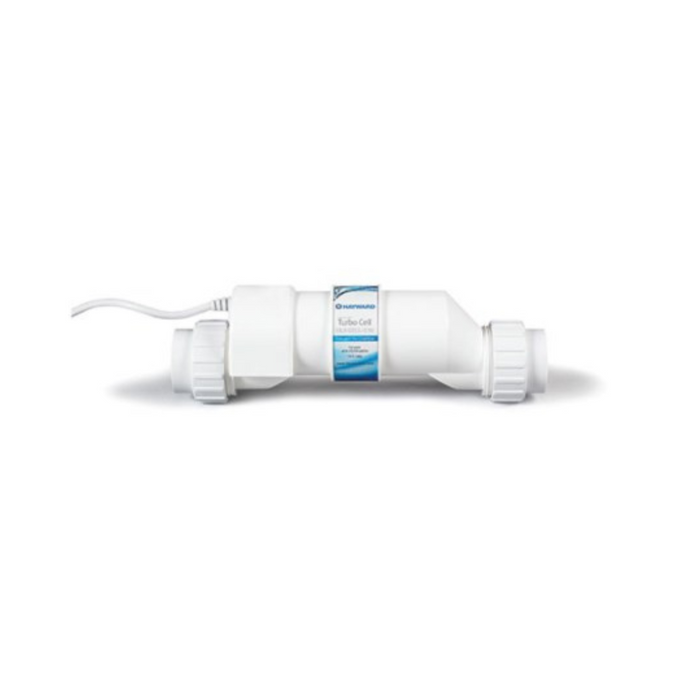 The Hayward W3GLX-CELL-5 AquaTrol Salt Cell, designed for above ground pools up to 20,000 gallons, features a white cylindrical body with a blue label and connection points on both ends. It includes a 15 ft. cord and is perfectly suited for AquaTrol systems.