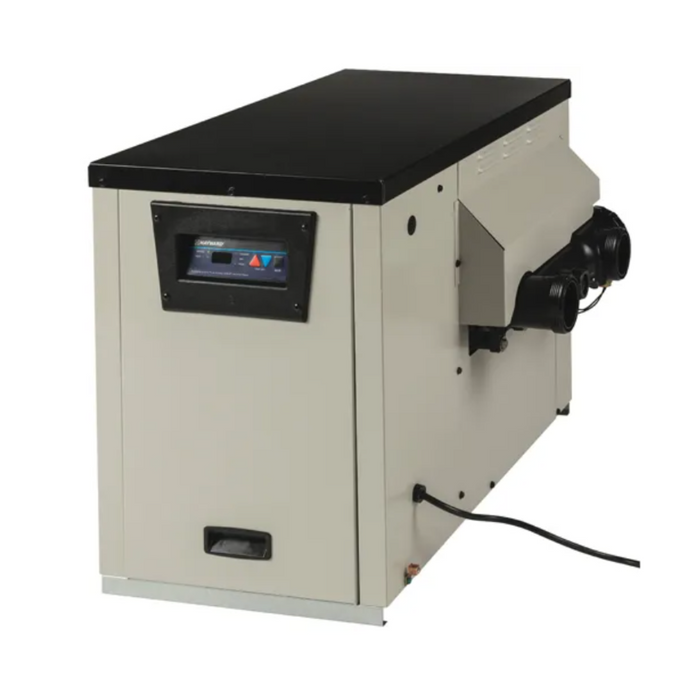 With its digital control panel and power cord, the Hayward 135K BTU H-Series Propane Above Ground Heater W3H135FDP features a gray industrial design similar to the robust Hayward systems.