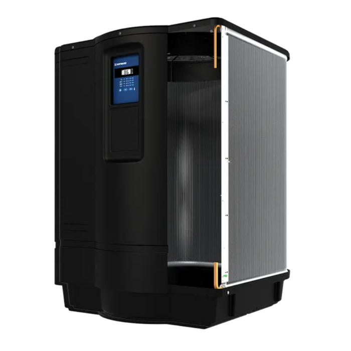 The Hayward 110K BTU HeatPro Heat Pump, designed for pools up to 18,000 gallons and featuring model W3HP21105T, comes in a large black design with a digital display and a transparent curved front panel. It integrates advanced microchannel heat exchanger technology to boost efficiency.