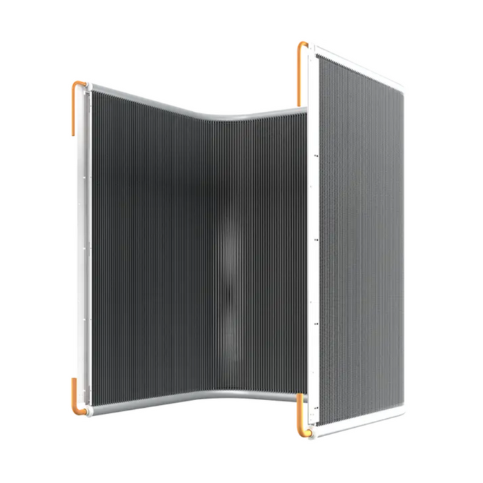 Introducing the Hayward 110K BTU HeatPro Heat Pump, model W3HP21105T, designed for 18K-gallon systems. This unit boasts a foldable structure in black, white, and orange with a sleek modern design highlighted by its microchannel heat exchanger.