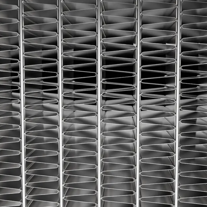 Close-up of a modern, abstract architectural structure with repetitive geometric patterns in grayscale, reflecting the intricate design reminiscent of the Hayward 110K BTU HeatPro Heat Pump.