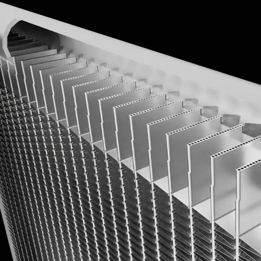 Close-up of a Hayward 110K BTU HeatPro Heat Pump, W3HP21105T, featuring parallel fins that mirror the efficiency of a microchannel heat exchanger, designed for cooling applications in electronic components.