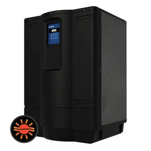 Hayward W3HP21405T HeatPro Heat Pump 140K BTU by Hayward, featuring a black exterior with a digital display screen that shows the pool water temperature and controls, along with an orange heating icon in the corner.