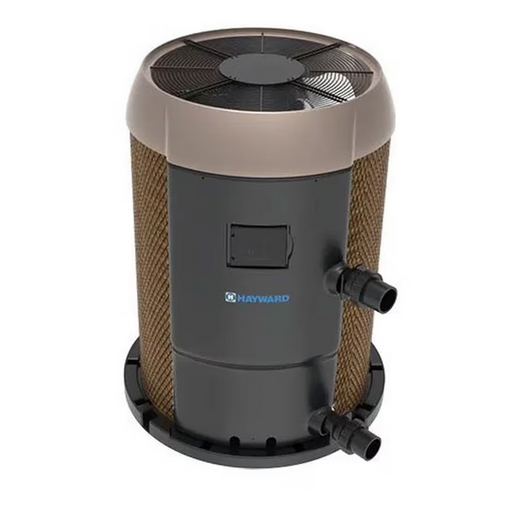 The Hayward 100K BTU HeatPro Heat/Cool Pump, model W3HP31005T, offers a round design with a black base and brown mesh sides complemented by top vents. It provides quiet operation and includes two hose outlets for optimal performance. Its Titanium Heat Exchanger is designed to efficiently regulate your pool's temperature.