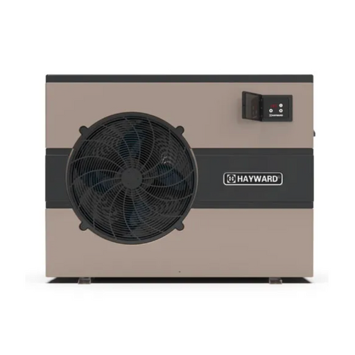 The Hayward W3HP50HA2 HeatPro Heat/Cool Pump, with a 50K BTU capacity and horizontal platform, is perfect for your above ground pool heating needs. It features a large fan and control panel on the front, ensuring efficient operation.
