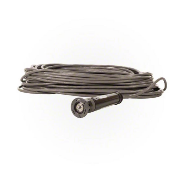 A long coiled cable with a black cylindrical connector at one end, set against a white background, ideal for installing the Hayward W3LACUS11100 Colorlogic 320 Accent LED Pool Light 12V 100 Ft.