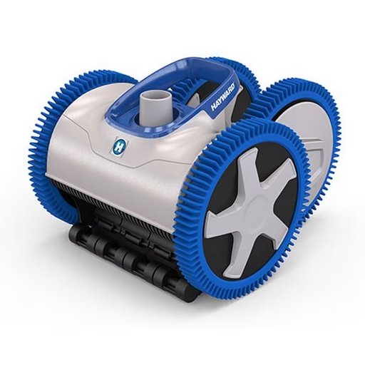 A blue and white Hayward W3PHS41CST Aquanaut 400 Suction Side Pool Cleaner 4WD, featuring a compact design with large rubber wheels for enhanced maneuverability.