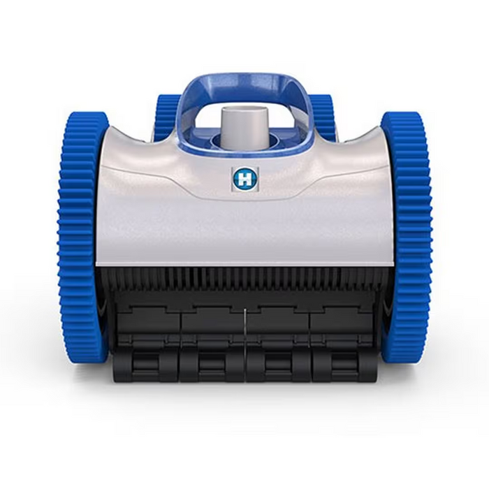 The Hayward W3PHS41CST Aquanaut 400 Suction Side Pool Cleaner 4WD by Hayward, showcasing blue wheels and a white body, features four-wheel drive for enhanced mobility. It comes equipped with a handle on top and has the logo prominently displayed in the center.