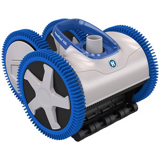 The Hayward W3PHS41CST Aquanaut 400 Suction Side Pool Cleaner 4WD features a blue and gray design with large wheels and a carrying handle, providing impressive cleaning capability with its 4-wheel drive system.