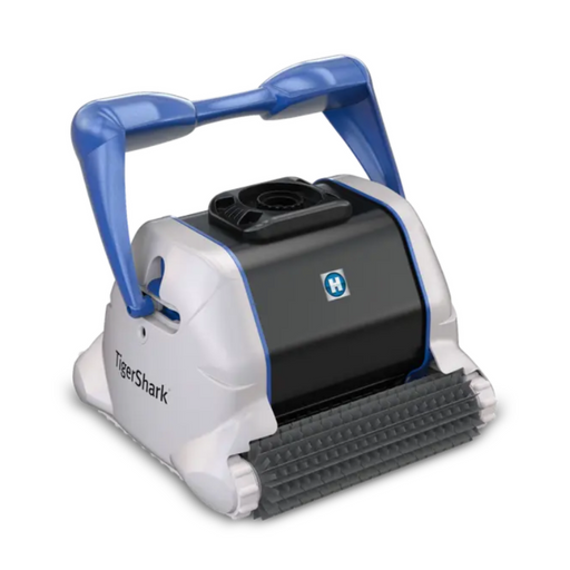 A Hayward W3RC9990CUB TigerShark QC Robotic Cleaner with 90 Min. Quick Clean technology, featuring a blue handle and a grey and black body.