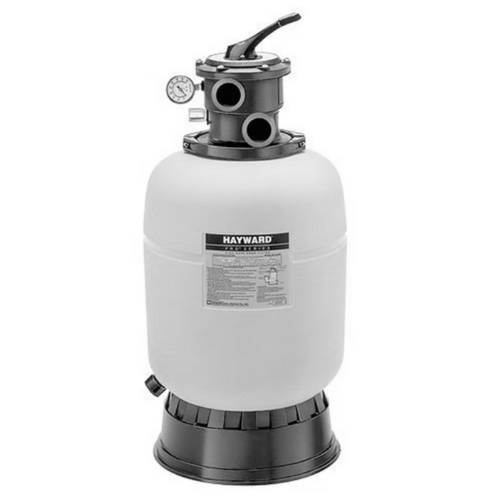 A Hayward W3S166T1580S Pro Series Top-Mount 16" Sand Filter featuring a white design with a black base, pressure gauge, and control valve on top, is paired with a 1HP Power-Flo LX Above Ground Pump for efficient pool maintenance.