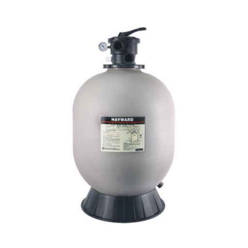 The Hayward W3S210T ProSeries 21" Top-Mount Sand Filter 1.5" Valve, featuring an umbrella-fold self-cleaning lateral system for pool water filtration, comes with a gray body and includes a black base and top-mounted control valve.
