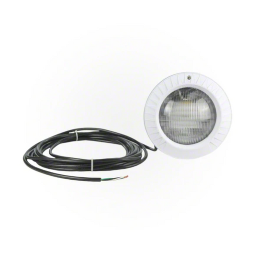 A Hayward W3SP0527LED100 ColorLogic 4.0 LED Pool Light, featuring Chromacore technology, has a white round light with a glass cover and is attached to a 100 ft long black power cable with exposed wires at the end.