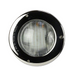 Close-up of the Hayward W3SP0527SLED100 ColorLogic 4.0 LED Pool Light with its round, recessed design, featuring a ribbed glass cover and a sleek black and silver metallic casing, and equipped with patented Chromacore technology for enhanced illumination. This model includes a 100 ft cord and stainless trim.