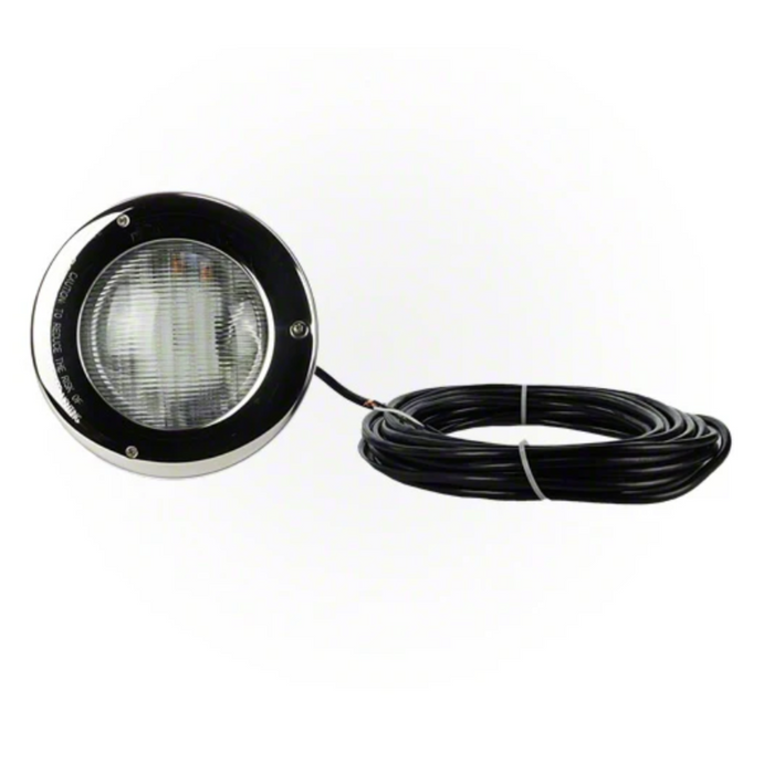 The Hayward W3SP0527SLED100 ColorLogic 4.0 LED Pool Light, featuring a clear lens and a 100-ft long coiled black cable on a white background, offers vibrant illumination with its patented Chromacore technology and stainless trim.