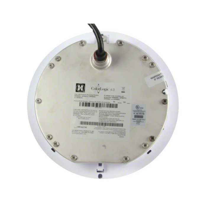 Circular electrical device with a 100 ft cord, labeled "Hayward W3SP0527SLED100 ColorLogic 4.0 LED Pool Light" and covered with a stainless trim and screws, featuring patented Chromacore technology.
