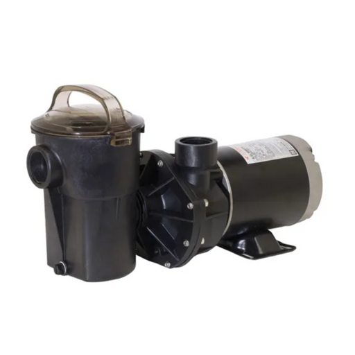 A Hayward W3SP1580X15 Power-Flo LX 1.5HP Vertical Above Ground Pump with a black, energy-efficient cylindrical motor, clear cap on the filter housing, and pipe connections, featuring a 6' cord.