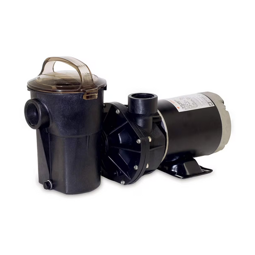 The Hayward W3SP1580X15 Power-Flo LX 1.5HP Vertical Above Ground Pump with 6' Cord from Hayward is a high-performance black pool pump featuring an attached filter and a transparent lid, designed for energy-efficient water circulation and filtration in above-ground pools.