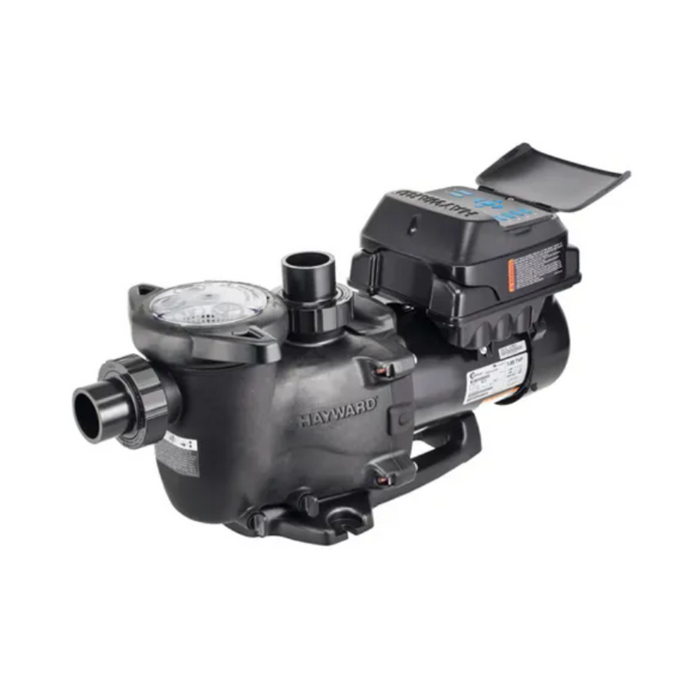 Hayward W3SP2303VSP MaxFlo VS Variable Speed Pump 1.65HP 230V is a black, industrial-grade pool pump featuring a clear lid and various connectors, designed for in-ground pools. Its compact design ensures energy-efficient performance.