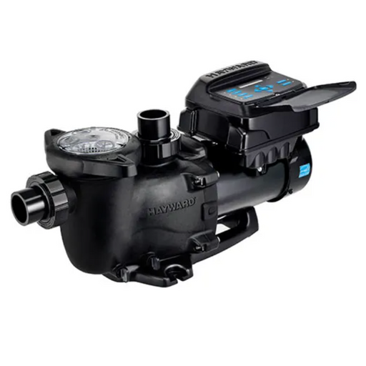 The Hayward W3SP2303VSP MaxFlo VS Variable Speed Pump 1.65HP 230V is a black pool pump with an attached control panel and multiple connection points, designed for in-ground pools and energy-efficient performance.