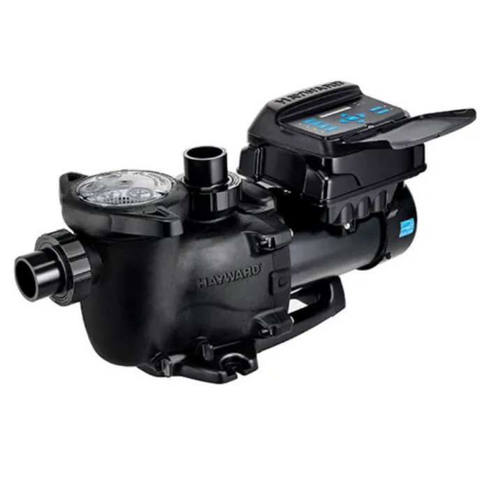 The Hayward W3SP2303VSP MaxFlo VS Variable Speed Pump 1.65HP 230V is a black pool pump with an attached control panel and multiple connection points, designed for in-ground pools and energy-efficient performance.