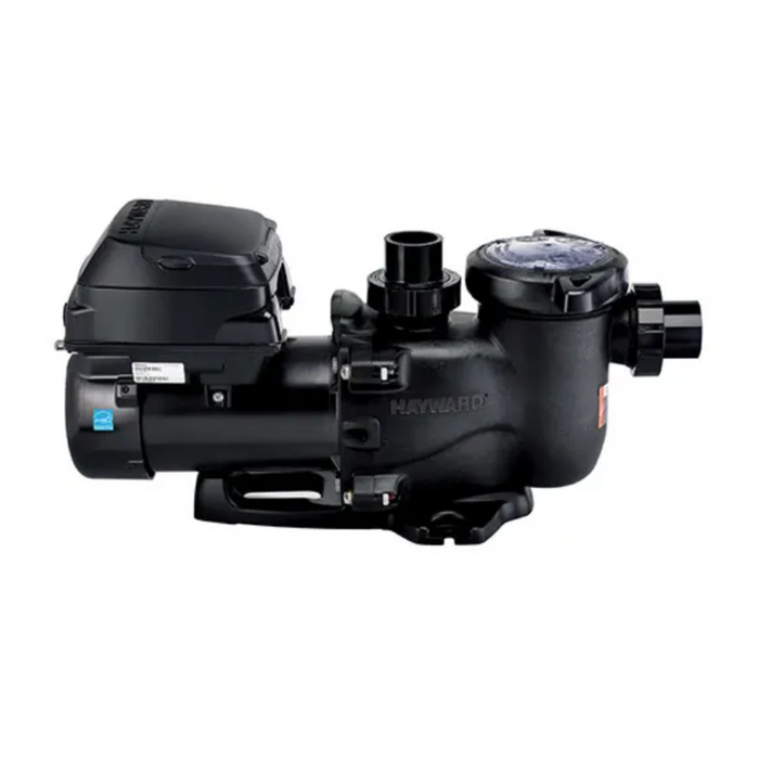 Displayed against a white background is the Hayward W3SP2303VSP MaxFlo VS Variable Speed Pump 1.65HP 230V, featuring various attachments and a digital control panel, making it ideal for energy-efficient operation in in-ground pools.