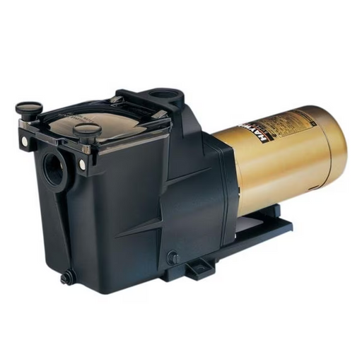 The Hayward W3SP2605X7 Super Pump, a black and gold pool pump with a transparent lid and cylindrical motor attachment, features a high-performance 0.75HP single-speed motor for superior pump efficiency.