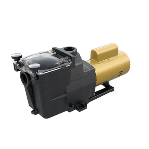 The Hayward W3SP2607X10 Super Pump 1.0HP Single Speed 115/230V, available in striking black and yellow, features a transparent cover on the left side. This pool pump complies with DOE efficiency regulations, ensuring optimal performance and energy savings.