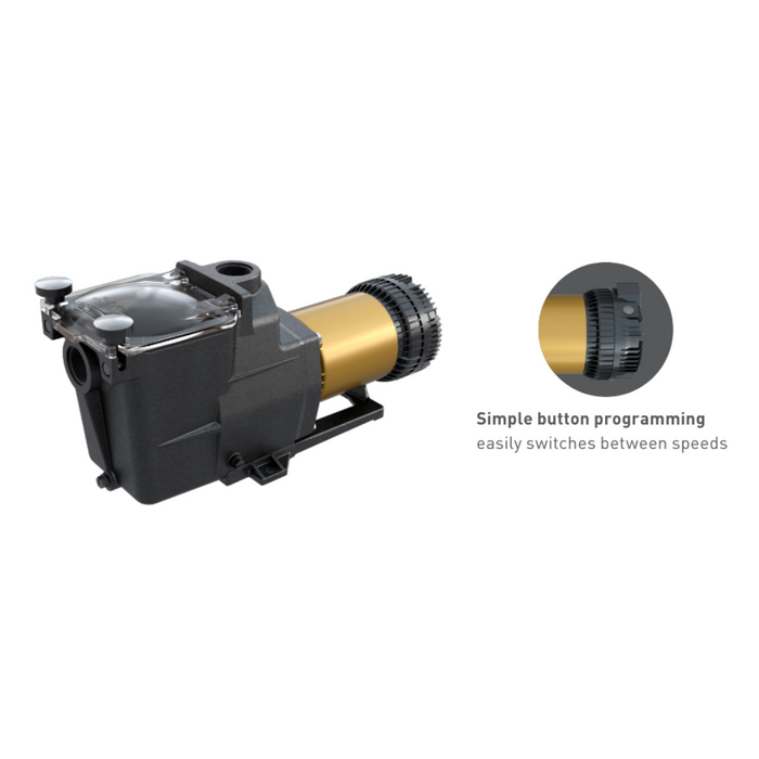 Image of a Hayward W3SP2615X20XE Super Pump XE 2.25HP Multi-Speed pool pump with a circular inset showing a close-up of the control knob. Text: "Simple button programming with industry-leading efficiency from Hayward.
