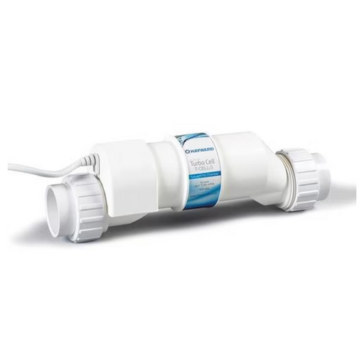 White Hayward W3T-CELL-3 TurboCell Salt Cell, 15k gal with a 15 ft. cord, compatible with AquaRite salt chlorination systems, against a white background.
