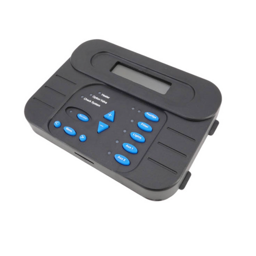 The Hayward GLX-PL-LOC-P-4 Pro Logic P4 Display Local is a black electronic device featuring blue buttons and a small display screen on the top, making it perfect for integrating into your Hayward Pro Logic pool automation system.