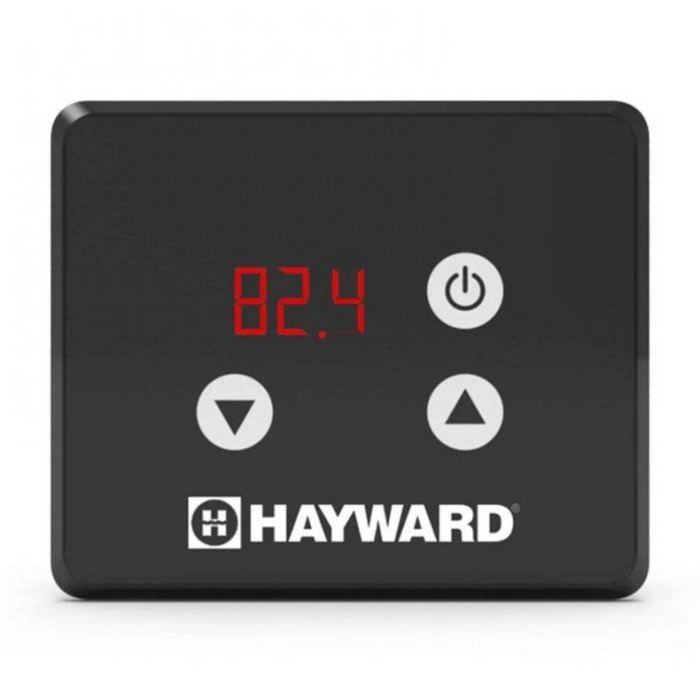 The Hayward 50K BTU Above Ground HeatPro Heat/Cool Pump, model W3HP50HA2, designed for pools up to 9K gallons, includes a sophisticated black digital control panel that displays a temperature of 82.4°F and features intuitive power, up, and down buttons to effortlessly adjust your pool's water temperature.