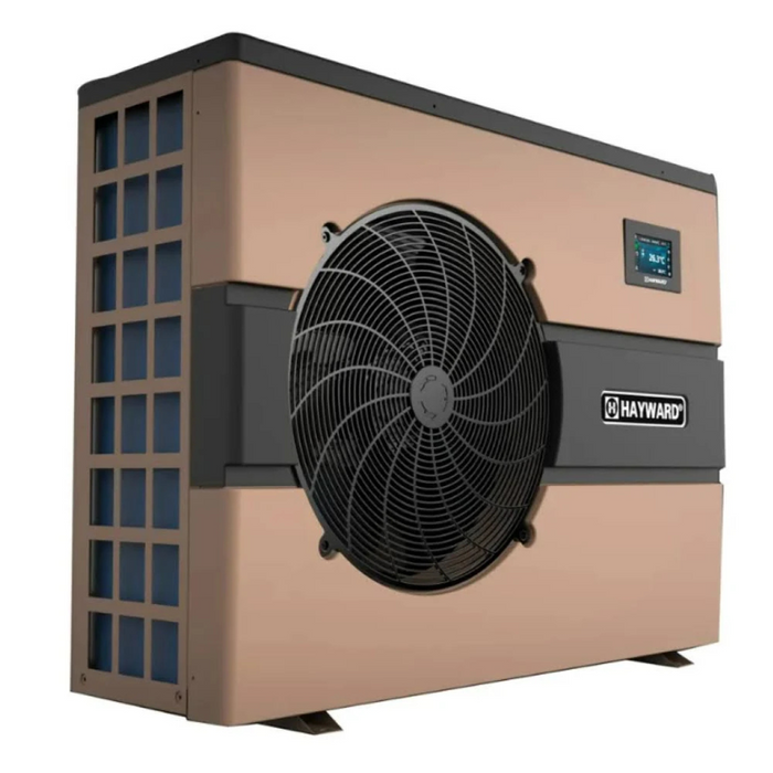 The Hayward 50K BTU Above Ground HeatPro Heat/Cool Pump, suitable for pools up to 9,000 gallons, features a horizontal design and comes in bronze and black. It includes a large central fan along with a digital control panel and titanium heat exchanger for efficient performance and durability.