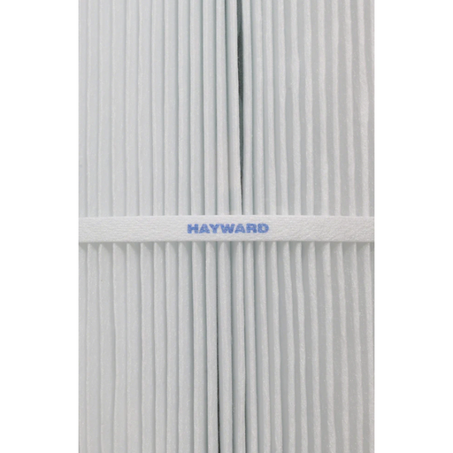 Close-up of a white pleated cartridge filter element featuring a horizontal band labeled "Hayward CX590RE Filter Cartridge, 181.25 Sq Ft, SwimClear C7000/C7020" in blue text.