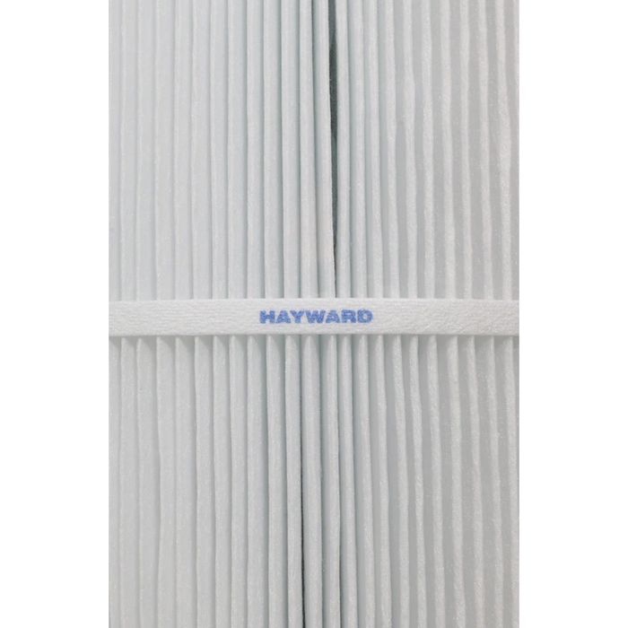 Close-up of a white pleated cartridge filter element featuring a horizontal band labeled "Hayward CX590RE Filter Cartridge, 181.25 Sq Ft, SwimClear C7000/C7020" in blue text.