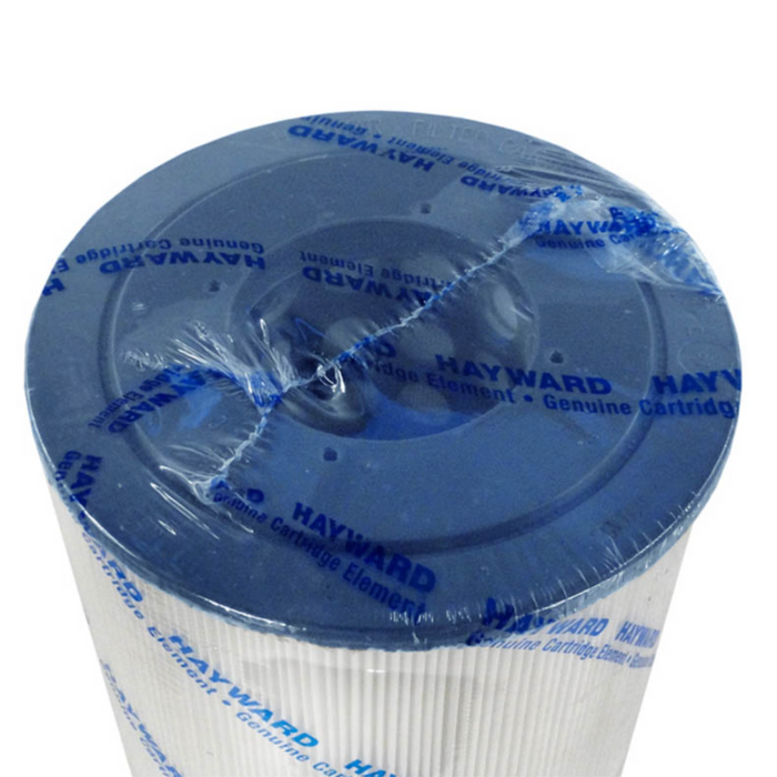 A cylindrical Hayward pool filter cartridge, specifically the Hayward CX590RE Filter Cartridge, 181.25 Sq Ft for SwimClear C7000/C7020, wrapped in blue plastic packaging with text branding on the top and sides.
