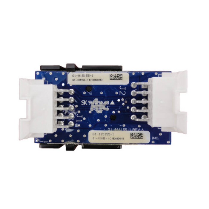 Close-up of a blue electronic circuit board with white connectors, visible components, and labels, designed for the Hayward HLX-PCB-TCELL T-Cell PCB Board. Ideal for in-ground pool setups.