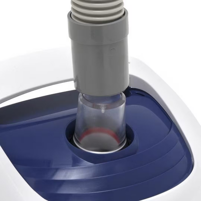 Close-up of a vacuum cleaner hose connected to a blue and white vacuum base, resembling the efficient design found in the Hayward W3925ADC Navigator Pro Suction Cleaner for Concrete/Gunite Pools.