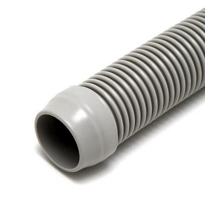 Close-up of a gray, flexible corrugated plastic hose with a smooth, slightly larger end, compatible with the Hayward W3925ADC Navigator Pro Suction Cleaner (Concrete/Gunite Pools).