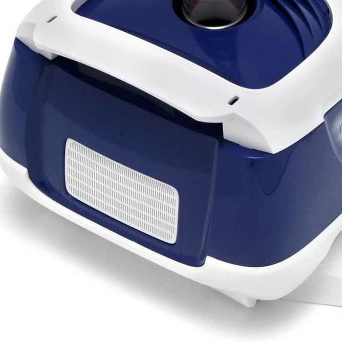 A close-up of a blue and white home appliance, specifically the Hayward W3925ADC Navigator Pro Suction Cleaner for Concrete/Gunite Pools, featuring a vent and a handle.