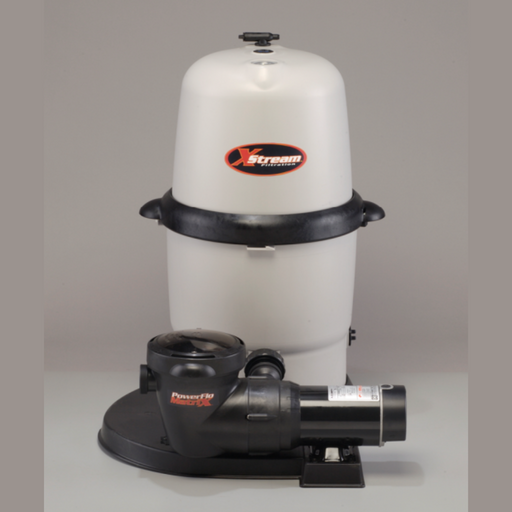 A Hayward W3CC15093S X-Stream 150 Sq. Ft. Cartridge Filter with a 1.5HP above ground pump, featuring a white body, black base, and attached pump, is showcased on a grey background.