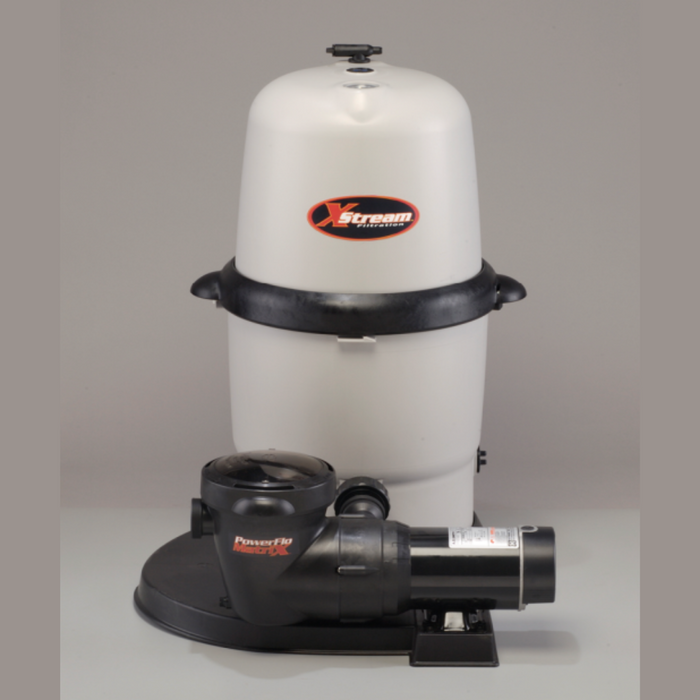 A Hayward W3CC15093S X-Stream 150 Sq. Ft. Cartridge Filter with a 1.5HP above ground pump, featuring a white body, black base, and attached pump, is showcased on a grey background.