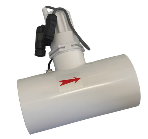White plumbing pipe connector featuring a PureChlor CLG115B-032 Tee with Flow Switch & Temp Sensor Assembly, complete with a red arrow sticker and attached cables for precise monitoring.
