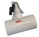 White plumbing pipe connector featuring a PureChlor CLG115B-032 Tee with Flow Switch & Temp Sensor Assembly, complete with a red arrow sticker and attached cables for precise monitoring.