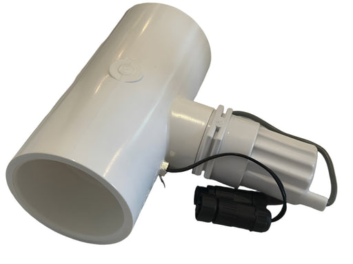 White PureChlor CLG115B-032 Tee with integrated Flow Switch and Temp Sensor Assembly, featuring an attached connector and wire, set against a pure white background.
