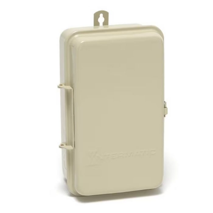 Tan, rectangular Intermatic PF1103 Freeze Protector featuring a hinged cover and mounting hook, designed with an automatic control thermostat for precise temperature management.