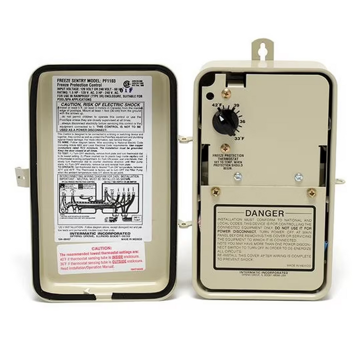 The electrical control panel is open, revealing a diagram and safety warnings on the inside cover, and is equipped with the Intermatic PF1103 Freeze Protector from Intermatic for reliable performance in cold conditions.